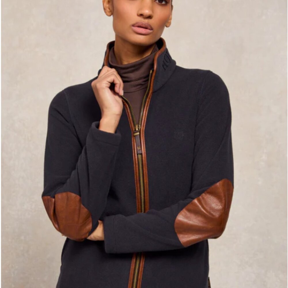 Women's Holland Cooper Navy Fleece Jacket with Brown Trim - M